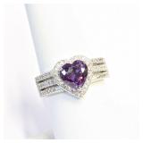.925 Silver 3ct Heart Shape Amethyst Ring Sz 8