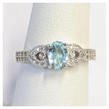.925 Silver Aquamarine & Micro Pave Ring Sz 8    R