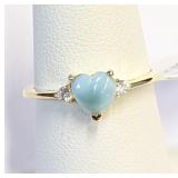 .925 Gold Plated Natural Larimar Heart Ring Sz 7