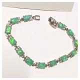 Green Creted Opal & Silver Plate Bracelet  8"