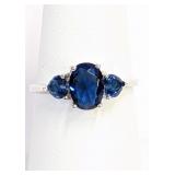 .925 Silver Oval and Heart Blue Sapphire Ring Sz