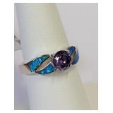 .925 Silver Amethyst & Blue Opal Ring Sz 7   S