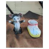 Vintage Enesco Glass Salt Baby Shoe and Salt Bear