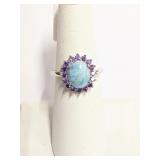 .925 Silver Natural Larimar & Amethyst Ring Sz 7
