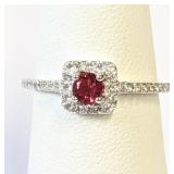 .925 Silver Halo Ruby CZ Ring Sz 6   A
