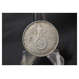 1937D Silver 2 Reichsmark Nazi Coin