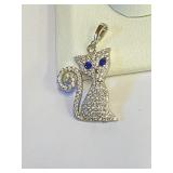 .925 Silver  Blue Sapphire Cat Design Pendant  R