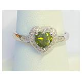 .925 Silver Halo Heart Peridot Ring Sz 8   R