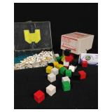 3-D letters in case, small color cubes