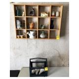 Wall knickknack shelf and contents, basket with Wall knickknack shelf and contents, basket with