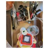 Silverware, potholders, vases, wood bowl Silverware, potholders, vases, wood bowl