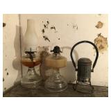 Two kerosene lanterns and one railroad type hand Two kerosene lanterns and one railroad type hand
