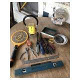 Railroad lantern, assorted tools, level, rulers, Railroad lantern, assorted tools, level, rulers,