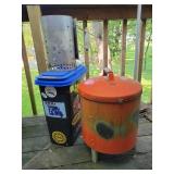 Charcoal grill, smoker, metal trash can, and Charcoal grill, smoker, metal trash can, and