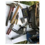 2 tool bags with hatchet, claw hammers, 10 2 tool bags with hatchet, claw hammers, 10