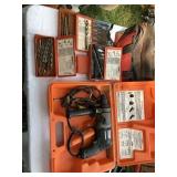 Black & Decker drill, boxes with drillbits, spade Black & Decker drill, boxes with drillbits, spade