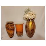 Three large brown orange gold hued glass vases