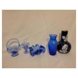 Blue glass basket, bowl, vase, blue with white Blue glass basket, bowl, vase, blue with white