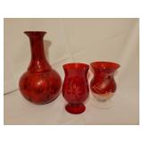 Red glass vase, etched red glass candle holders Red glass vase, etched red glass candle holders