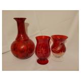 Red glass vase, etched red glass candle holders