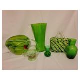 Green glass vases, baskets