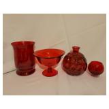 Red glass vases and bowls