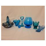 Blue glass items, basket, bowls, shoe, etc