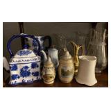 Ceramic & Glass Pitchers, Steins Lot of 10 Ceramic & Glass Pitchers, Steins Lot of 10