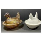 Chicken on Nest Candy Dishes-Carnival & Milk Glass Chicken on Nest Candy Dishes-Carnival & Milk Glass
