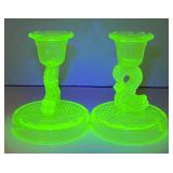 Vintage Koi Fish Uranium Glass Candlestick Holders Vintage Koi Fish Uranium Glass Candlestick Holders