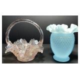 Fenton Blue Hobnail Vase, Pink Carnival Glass Bskt Fenton Blue Hobnail Vase, Pink Carnival Glass Bskt