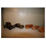 2 METAL PIGGY BANK CARS, 3 SMALL WOOD CARS