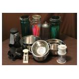 STAINLESS BOWLS, GLASS JARS, ETC