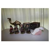 BRASS CAMEL, WOOD ANTELOPE BOOKENDS, WITCHES &