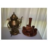 BRASS TEAPOT AND CARVED WOOD DECANTUR w/