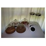2 GLASS CANISTERS, GLASS DOMES WITH BASES &