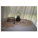 MARBLE TRINKET BOX, KAROSENE LANTERN,