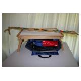 LAP DESK, BAG OF BAGS, YARD STICKS w/ HOLDER