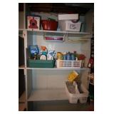 CLEANING SUPPLIES, TRASH CAN AND OVER SINK SHELF