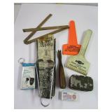 Treasure lot; Advertisement scrapers, old tools &