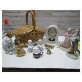 BASKET, CLOCK, & FIGURINES