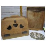 WOODEN BREAD BOX, WOOD TRAY, & BRASS TRIVET