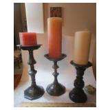 3- WOODEN & METAL CANDLE HOLDERS WITH CANDLES 1