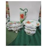 2 ORANGE FLOWERED BOWLS, PITCHER, & 2 PIECES OF
