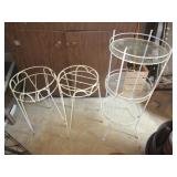 3 METAL PLANT STANDS 1 WITH GLASS SHELVES