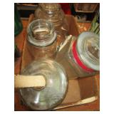 BOX LOT OF CANISTERS & PARTIAL OIL LAMP