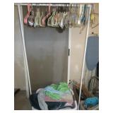 CLOTHES RACK, BASKET, & RUGS