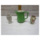 VINTAGE HALL TEAPOT & 2 VINTAGE TINY GLASS VASES