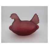 RED GLASS HEN ON A NEST
