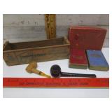 SMALL CRATE, PIPES, & OLD CARDS